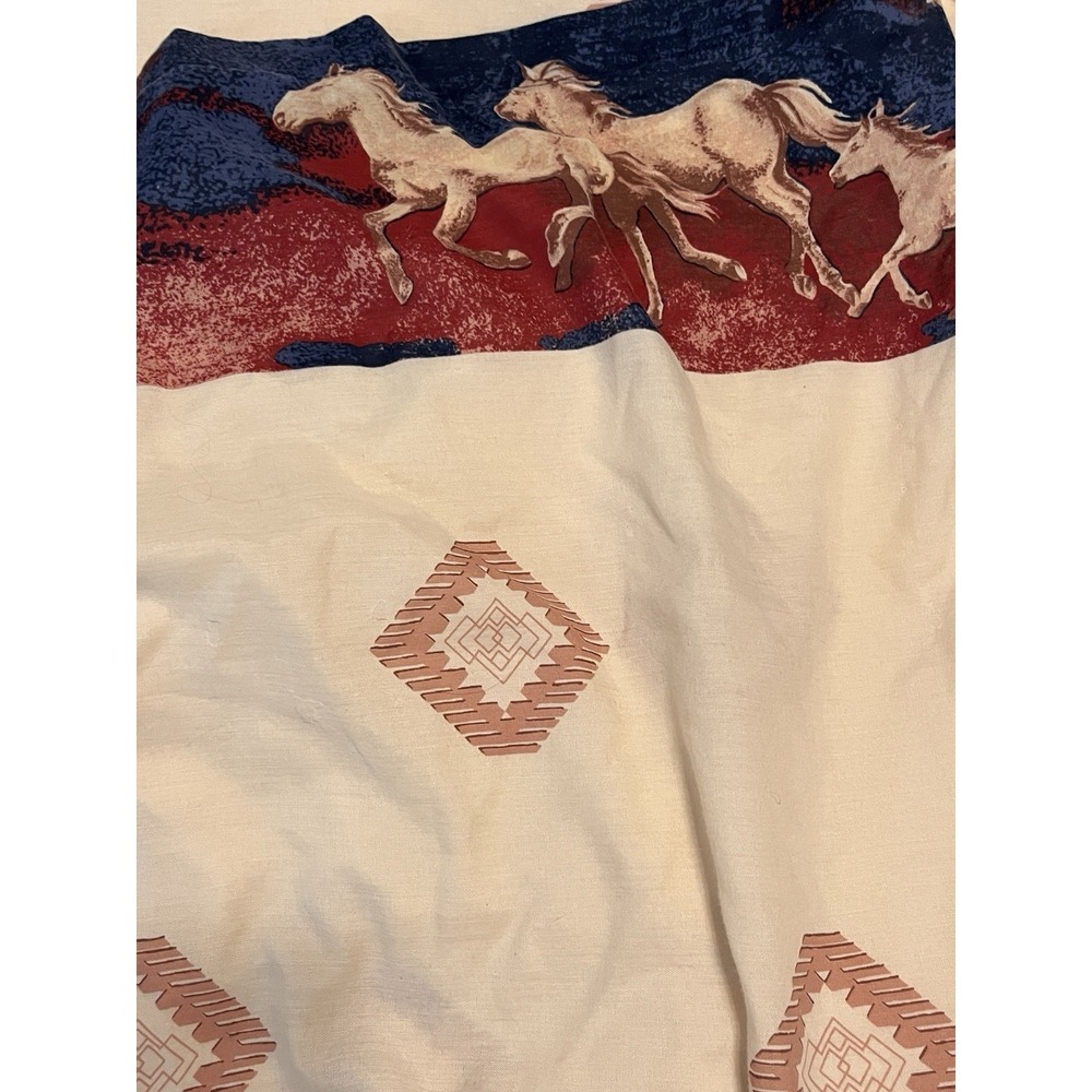 Vintage 90s Southwestern Wild Horses Twin Flat Sheet Aztec Western Bedding